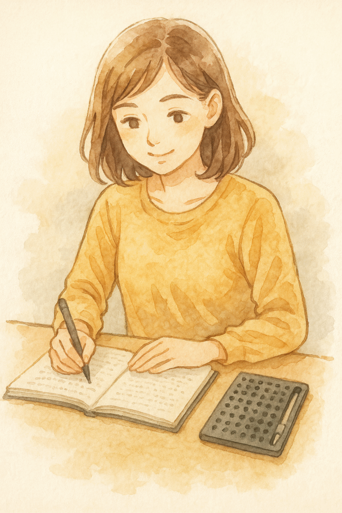 机で学びに向き合う若い女性の水彩イラスト(点字器具やノートを前に)