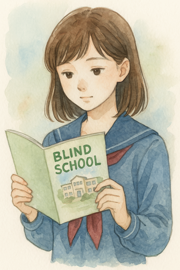 盲学校のパンフレットを手に取り、進路を考える女子高生の水彩イラスト