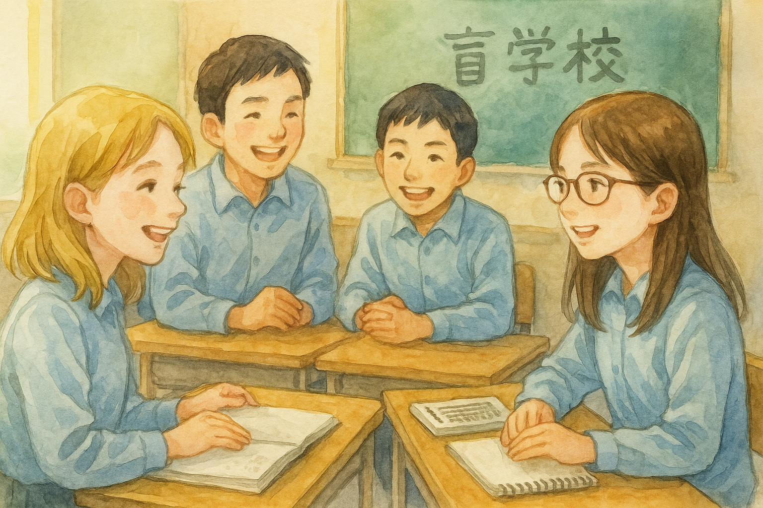 盲学校の教室でクラスメイトと笑顔で話す生徒たちの水彩イラスト