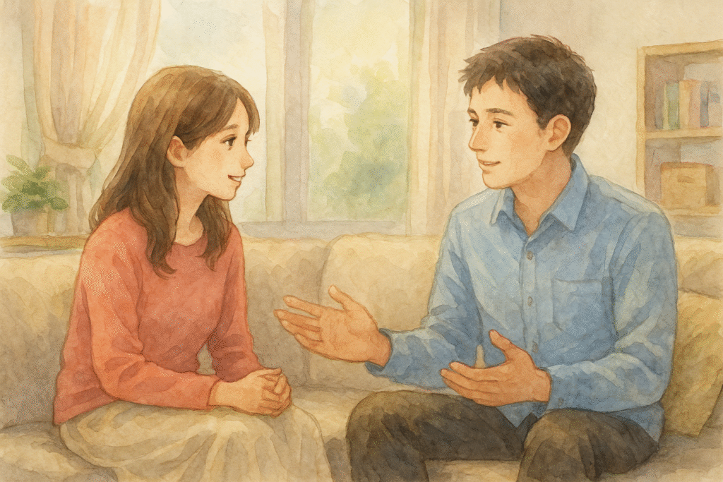 夫婦が新しい生活を始め、将来について語り合う水彩イラスト