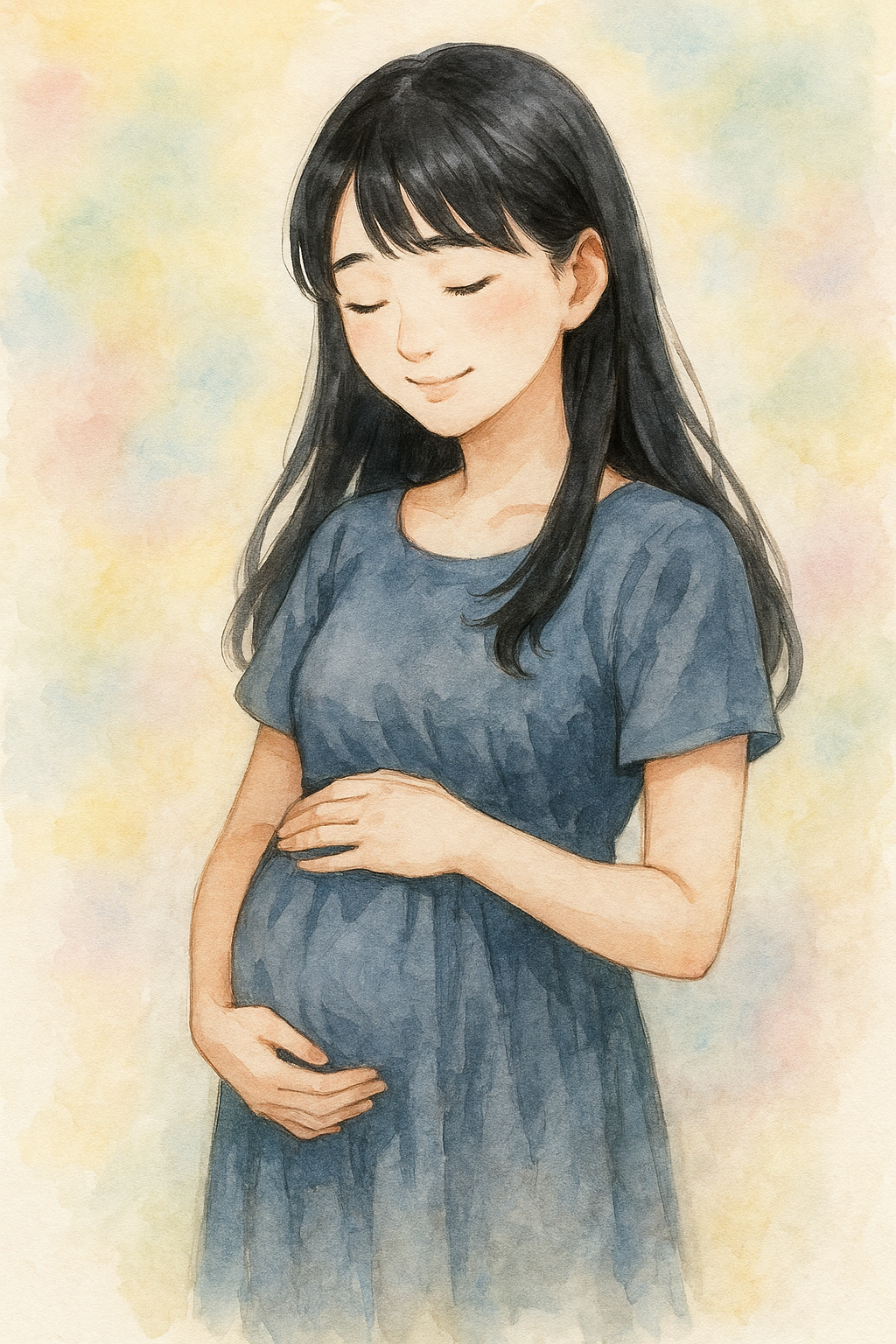妊娠中の母が未来を信じて穏やかにお腹を抱える水彩イラスト