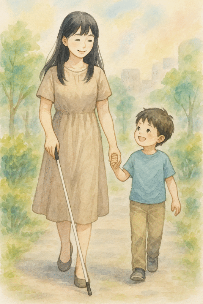 母と子が手をつないで歩く未来を象徴する水彩イラスト(母は白杖)