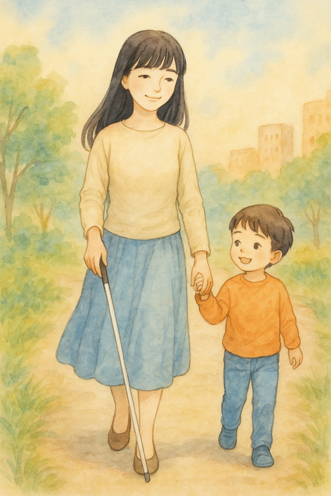 未来を思い描く女性の水彩イラスト(柔らかなパステル背景、穏やかな微笑み)