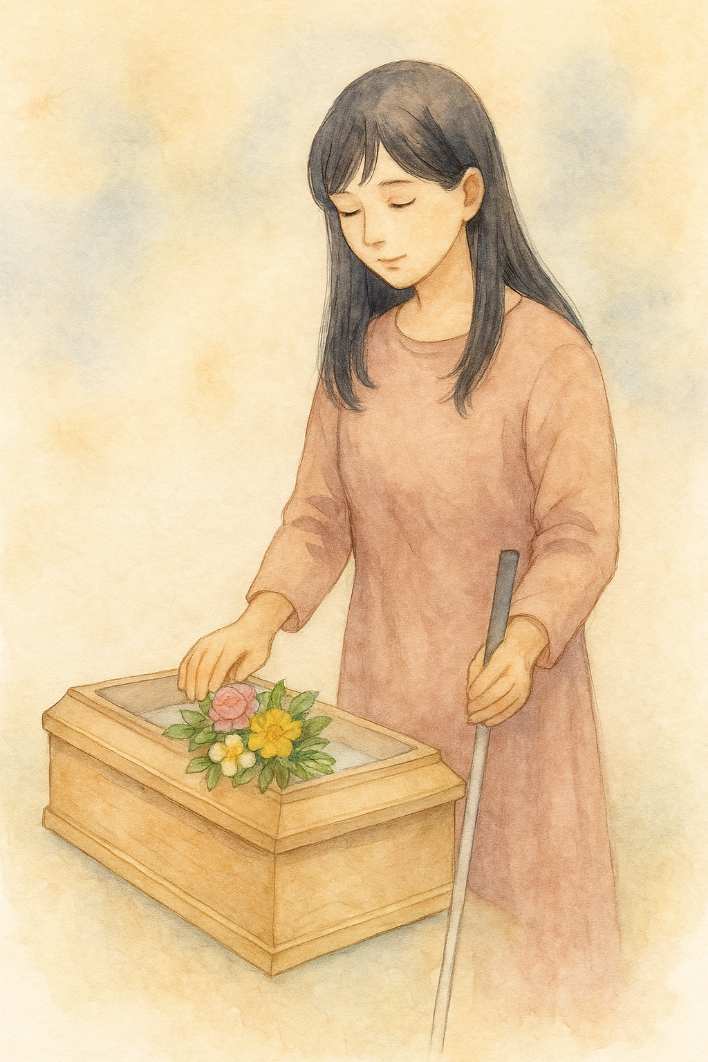 母親が小さな棺に花を添える水彩イラスト