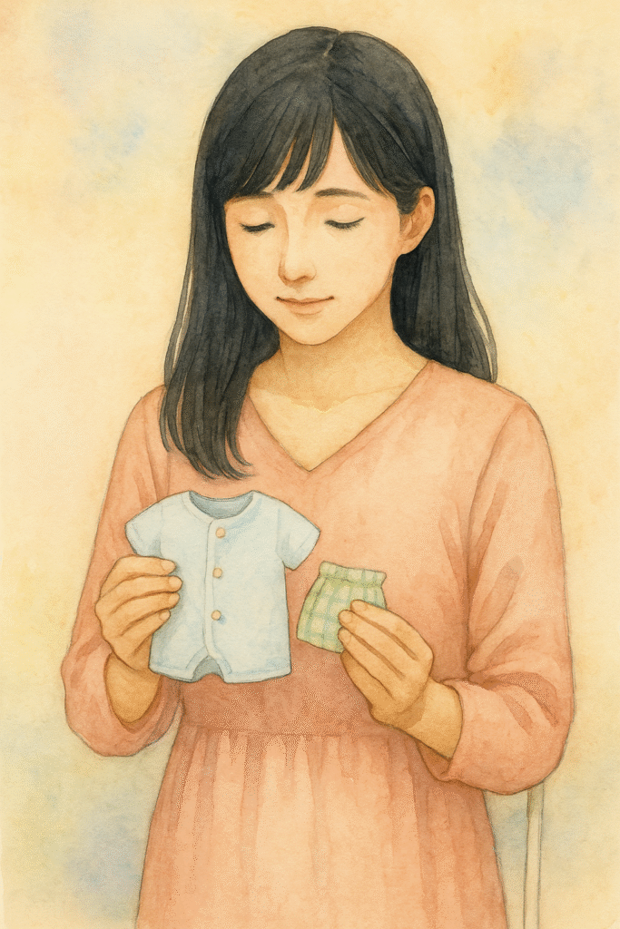 小さなベビー服とお守りを手に持つ母の水彩イラスト