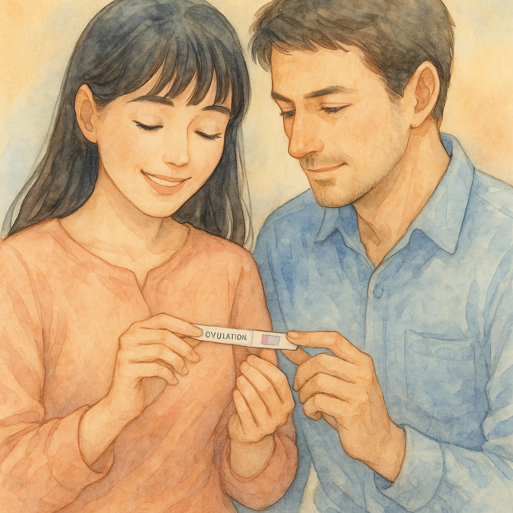 おりものチェックシートを確認する夫婦の水彩イラスト ― 妊活の工夫と再挑戦