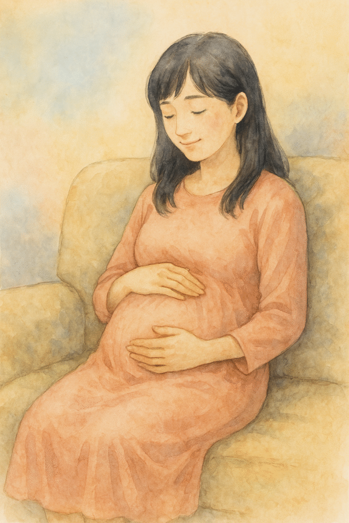 妊娠中の女性がソファに座り、優しい表情でお腹をさする水彩イラスト ― 不安を抱えながらも過ごす妊婦生活