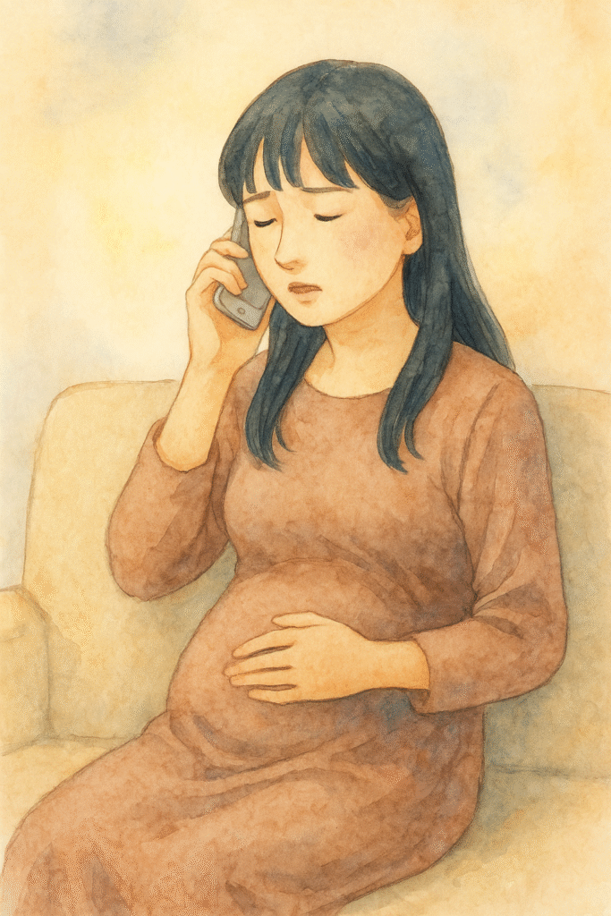 電話で病院に相談する妊婦の水彩イラスト