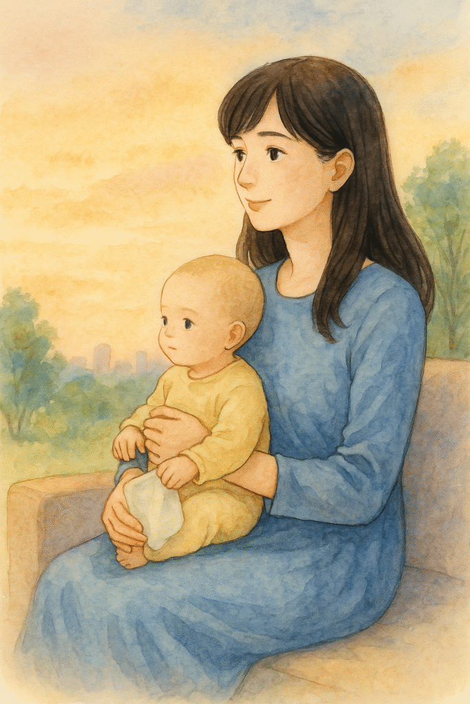 母親が赤ちゃんと未来を見つめるような水彩イラスト