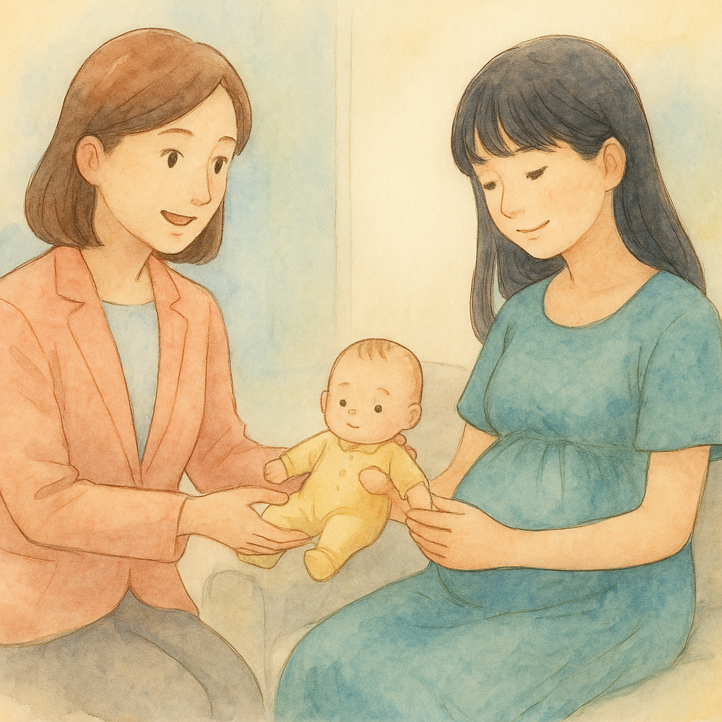 保健師が母親に赤ちゃん人形を渡して着替え練習をサポートする水彩イラスト