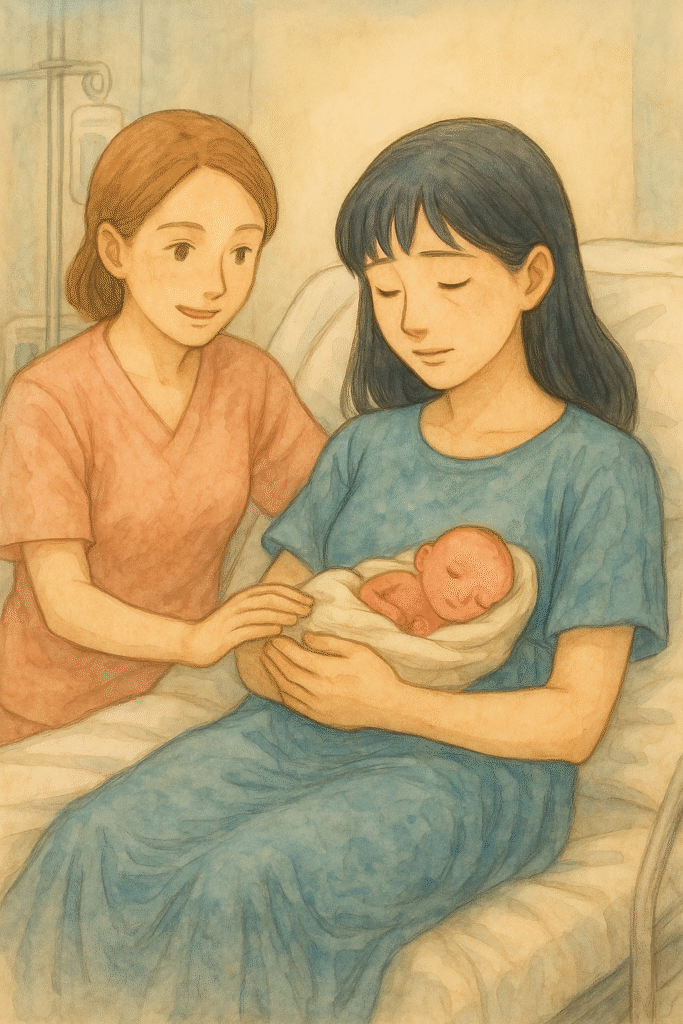 病院の分娩室で助産師に支えられる母親の水彩イラスト