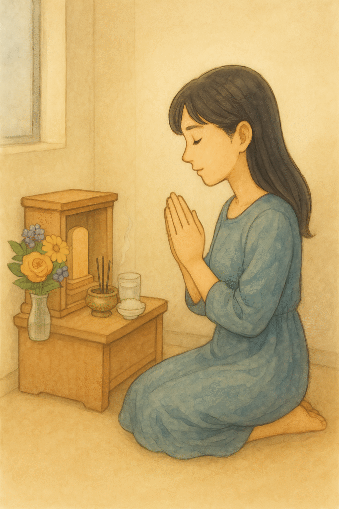 小さなお仏壇に花と水とご飯を供える水彩イラスト。