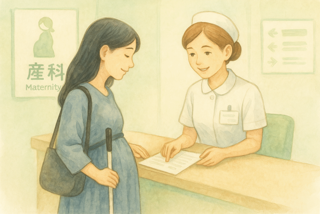 総合病院の産科受付で、全盲の妊婦が助産師と入院手続きを確認。案内板と受付カウンター、落ち着いた待合の雰囲気