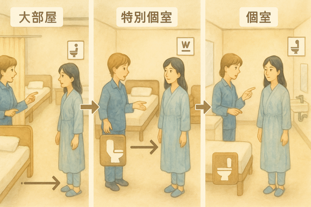 大部屋から特別個室、さらに普通個室へと病室が変わる。ベッド位置やトイレの距離の違いをスタッフと確認する母の様子水彩イラスト
