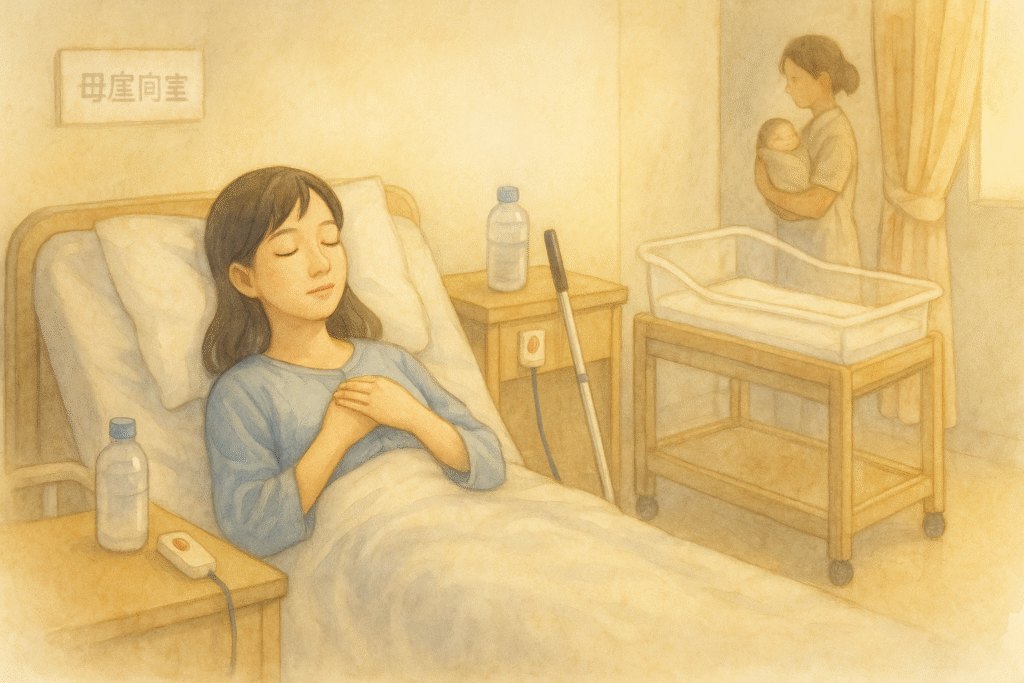 母子同室の病室。出産直後は睡眠不足のため赤ちゃんを一時預かってもらい、翌日から授乳が始まる場面。母は横になって休息している水彩イラスト