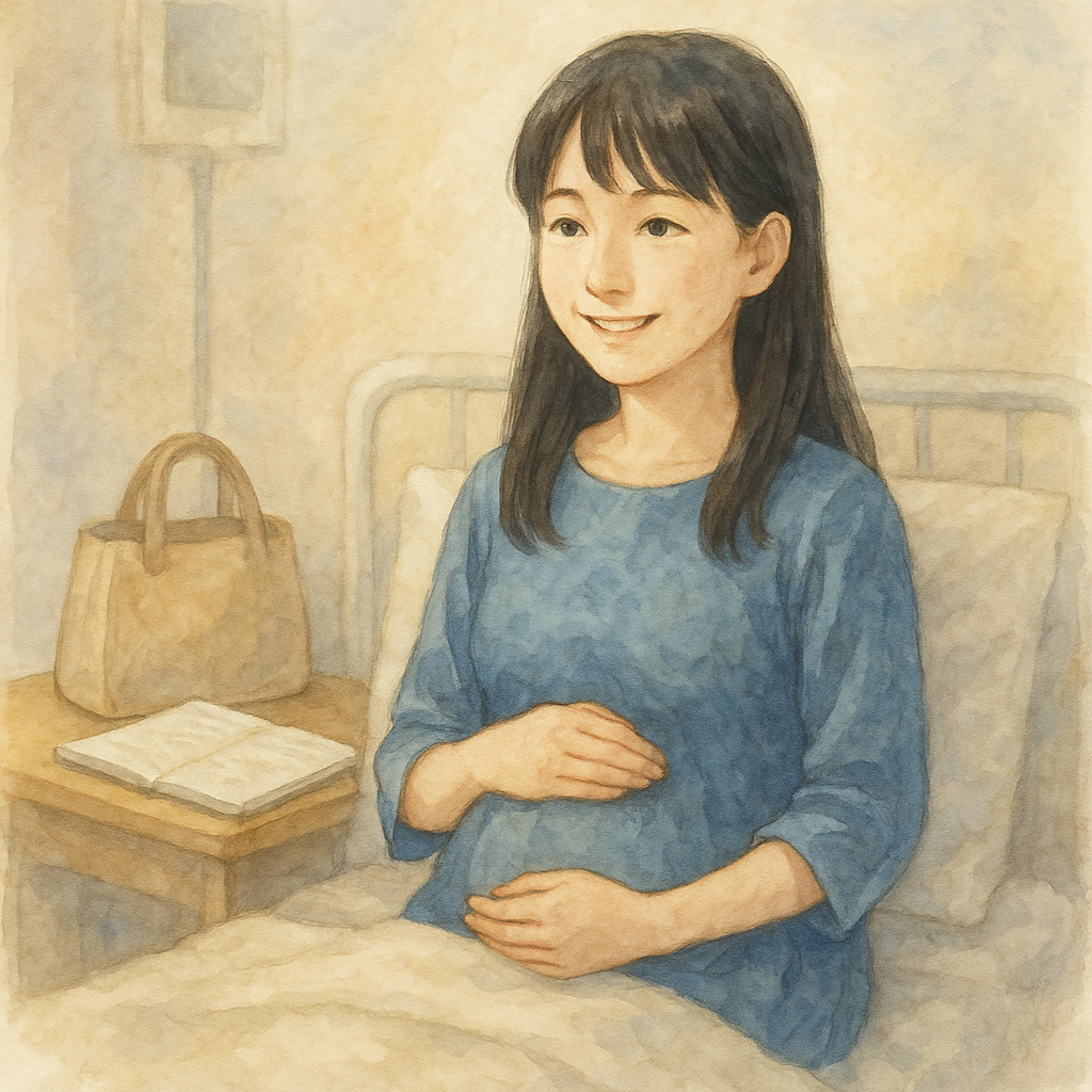 病院のベッドでノートを持ち、落ち着いた表情の全盲妊婦(水彩イラスト風)