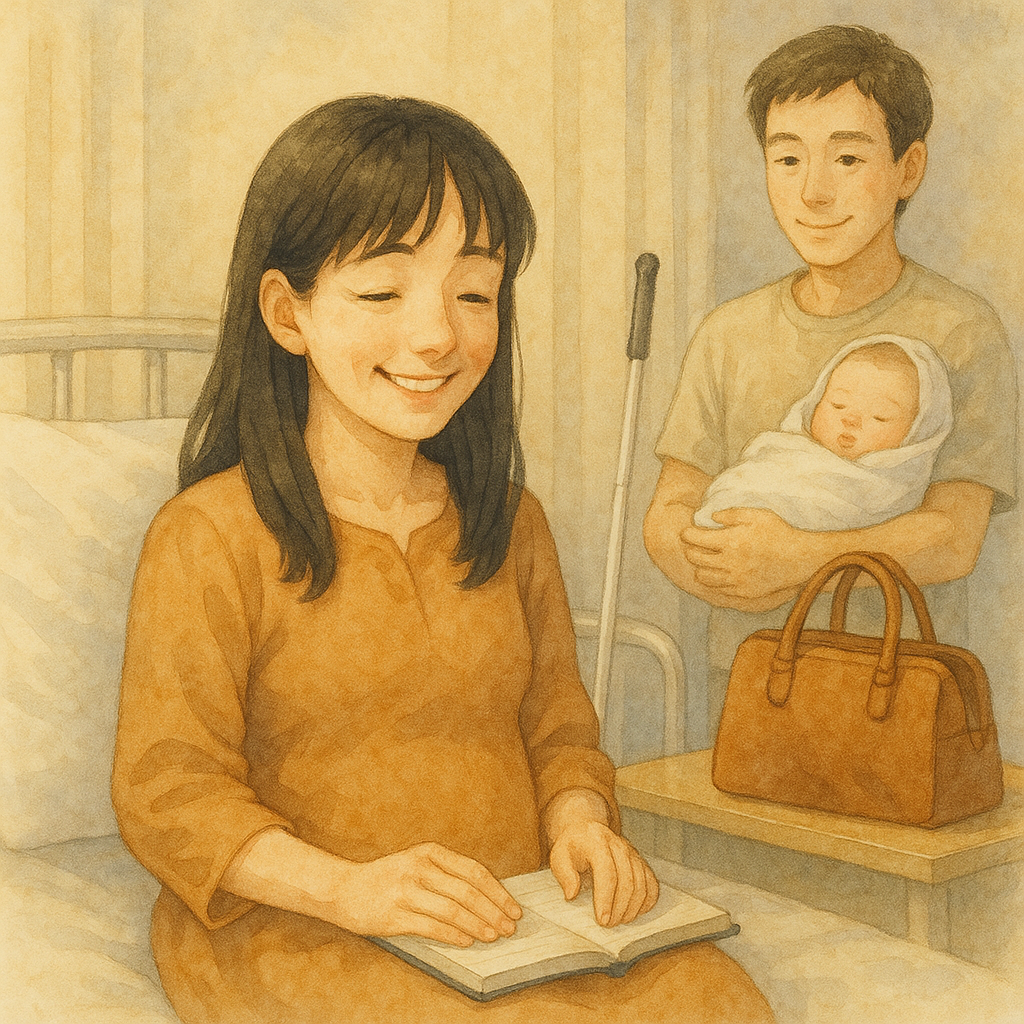 退院前、学びを家族と共有して笑顔の母。ベッド横に定位置化した荷物と記録ノート、落ち着いた病室の雰囲気の水彩イラスト