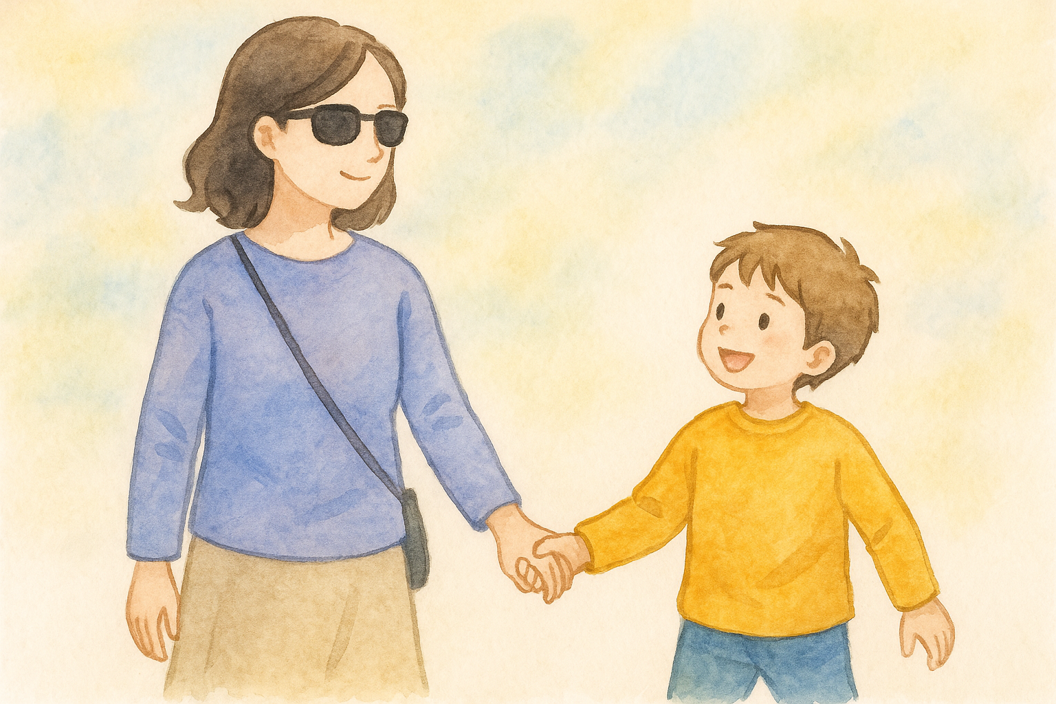 親子が手をつないで歩く全盲ママと息子の水彩イラスト。やさしい色合いで希望を表現