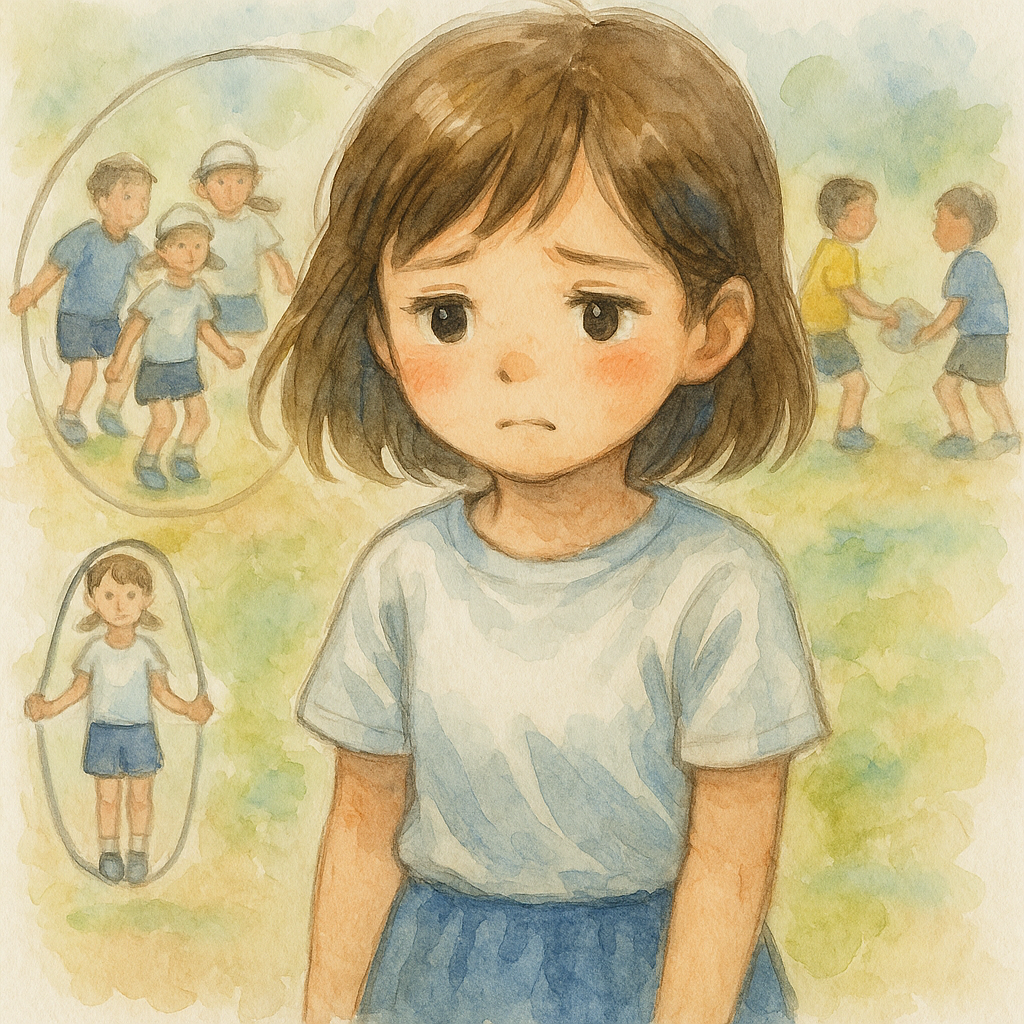 子ども時代、大縄跳びや球技が苦手で不安を感じる女の子の水彩イラスト