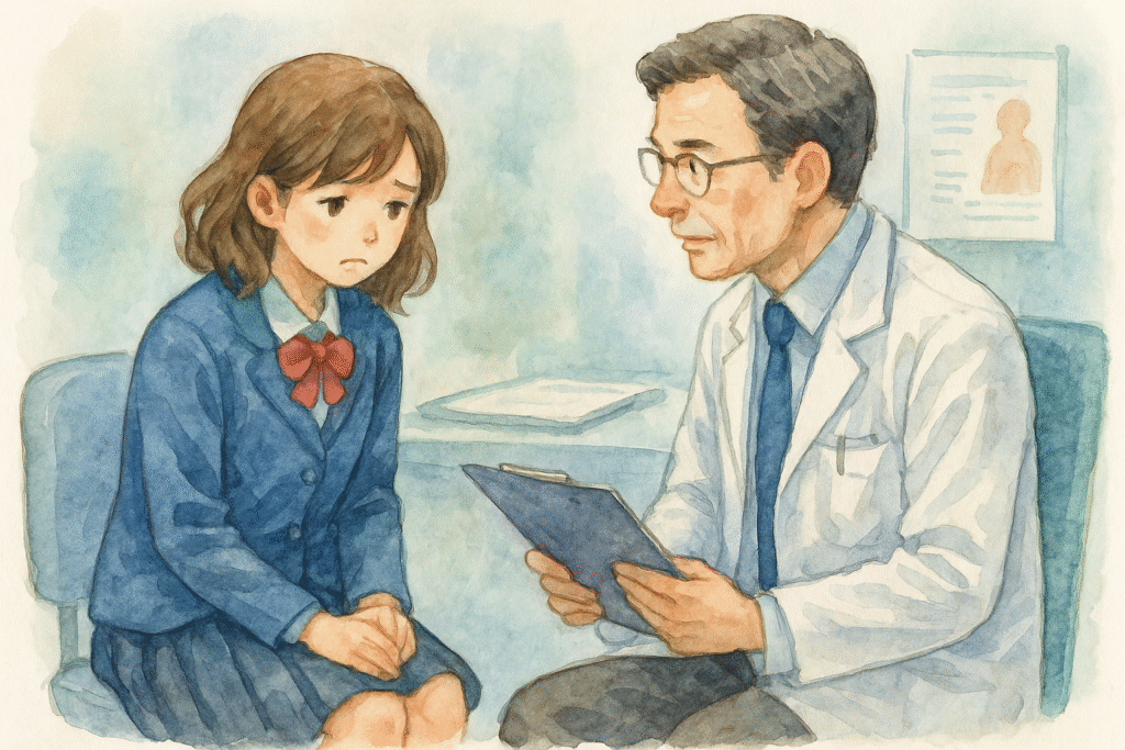 病院で診察を受ける女子高生と医師の水彩イラスト