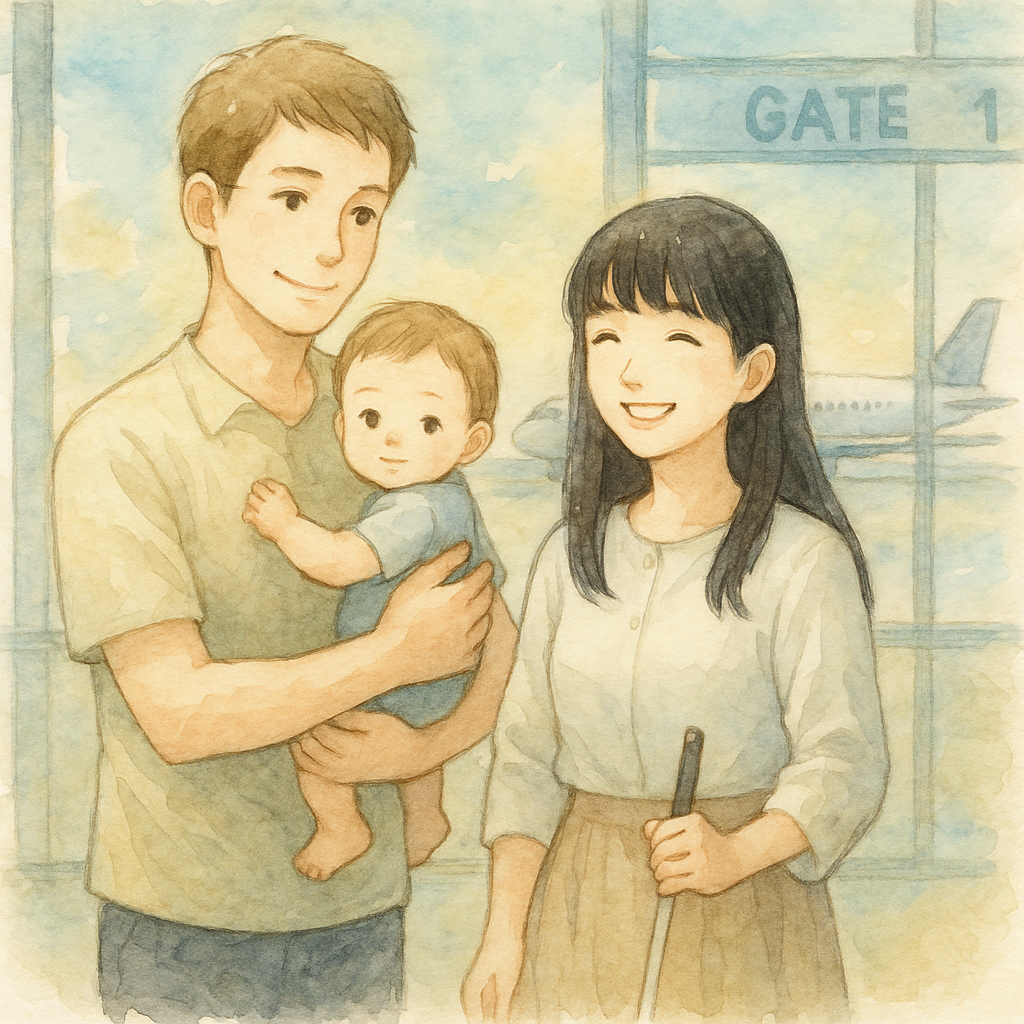 空港の出発ロビーで、パートナーが1歳の赤ちゃんを抱きながら全盲の母と笑顔で立っている水彩イラスト