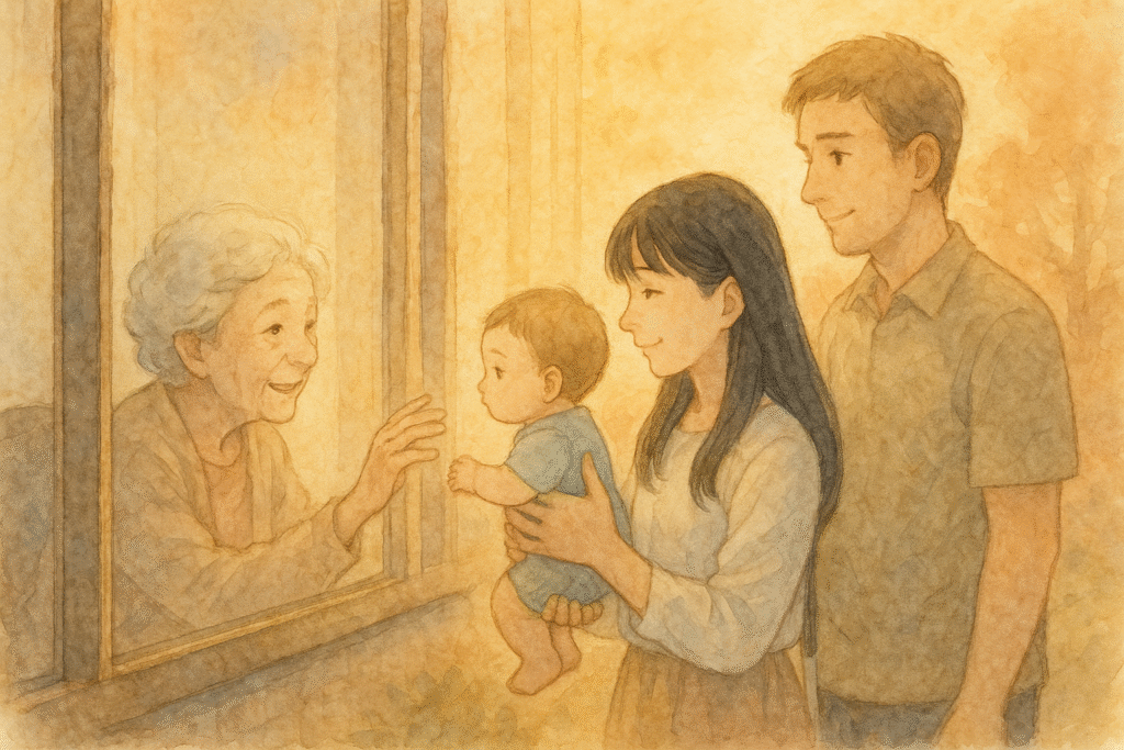 施設の窓越しに赤ちゃんを見つめる祖母と、それを見守る全盲の母とパートナーの水彩イラスト