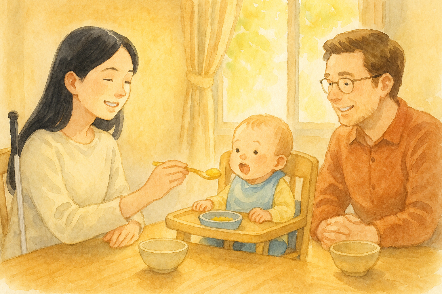 ハイチェアに座る赤ちゃんを囲み、笑顔で見守る全盲の母とパートナー。温かな朝の光が差し込む食卓の水彩イラスト