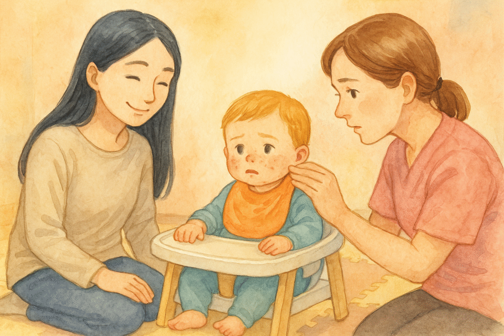 食後に頬や口周りが赤くなり訪問看護師が気づく場面の水彩イラスト