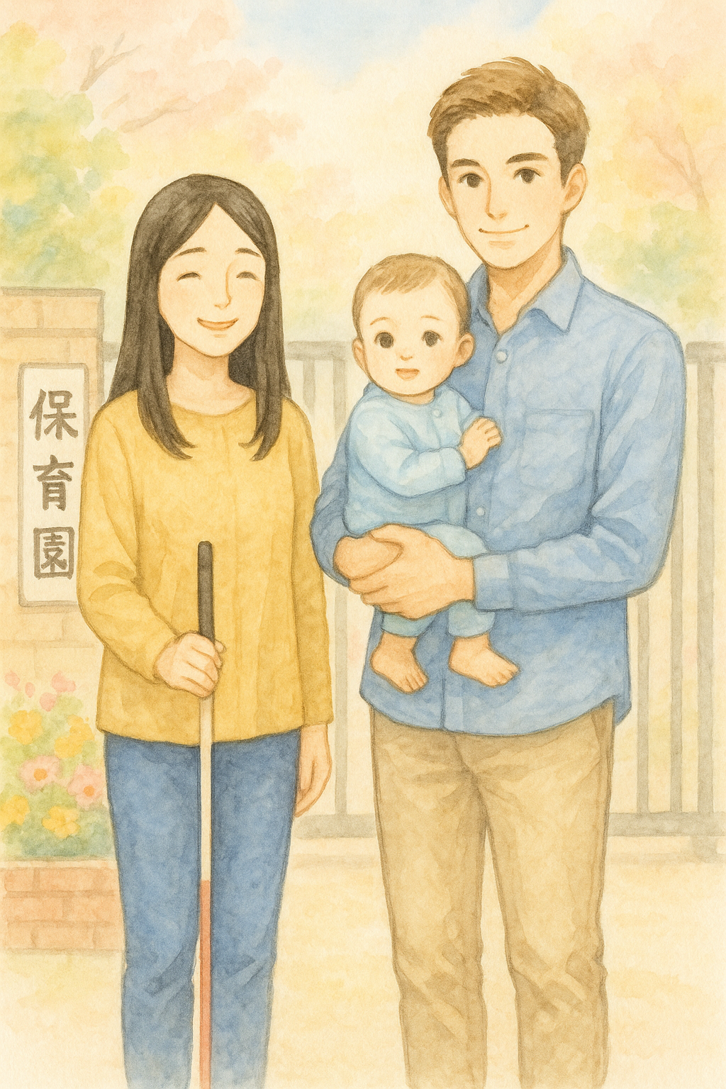 保育園の門の前で、全盲の母が白杖を持ち、1歳の息子を抱いて微笑む。隣にパートナー。春の朝、やわらかな光、淡いパステル調の水彩。