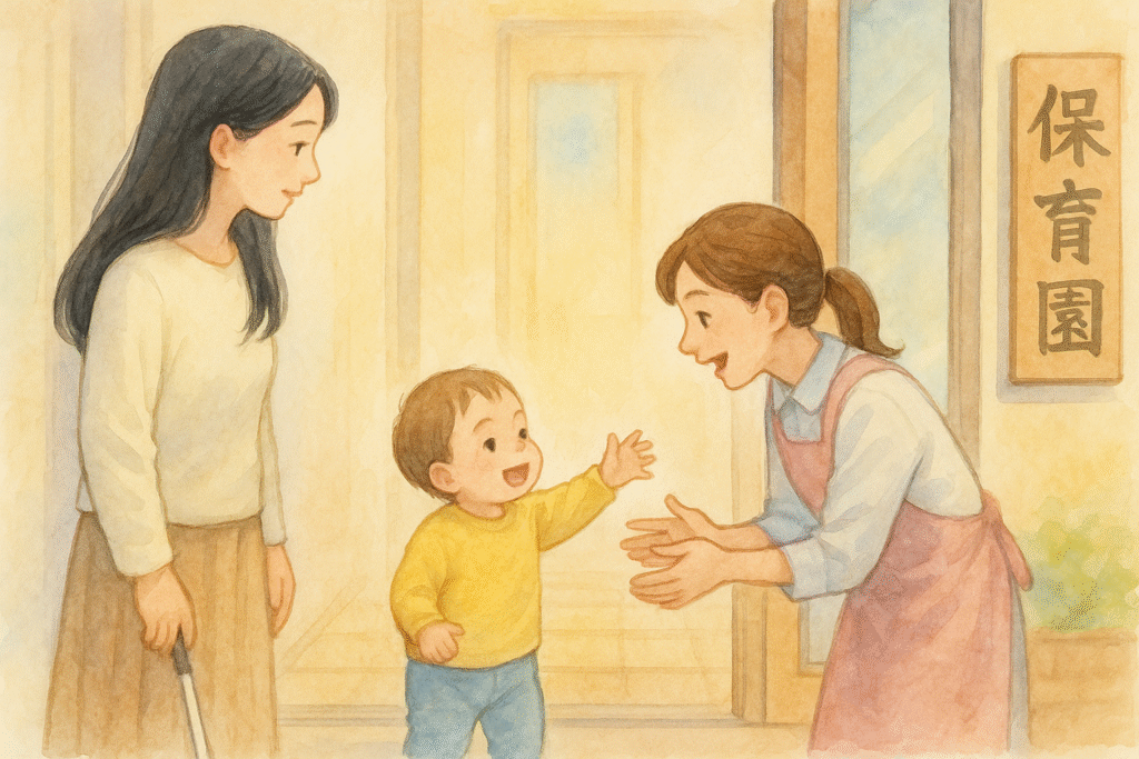 登園時、先生に笑顔で手を伸ばす息子。母は少し名残惜しそうに見送り、先生がやさしく受け入れる。明るい朝の玄関。