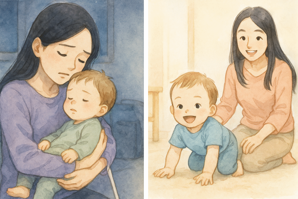 二場面の対比。①発熱でぐったりした子を抱き心配する母(夜間救急の準備)。②回復後、ハイハイやつかまり立ちで活発に遊ぶ姿。