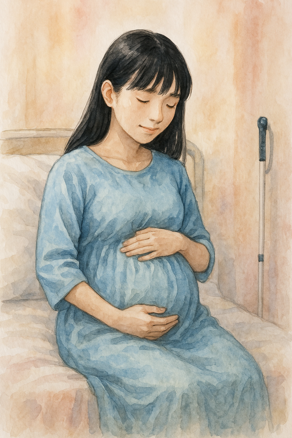 病院のベッドに腰かけ、お腹を抱える全盲の母。白杖がそばに立てかけられている。