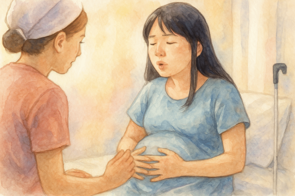 助産師と呼吸を合わせる全盲の母。手を添えられながら真剣な表情をしている。