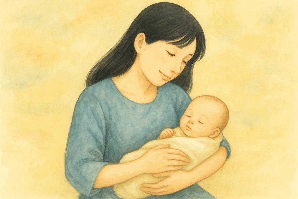 出産直後、赤ちゃんを胸に抱く全盲の母。