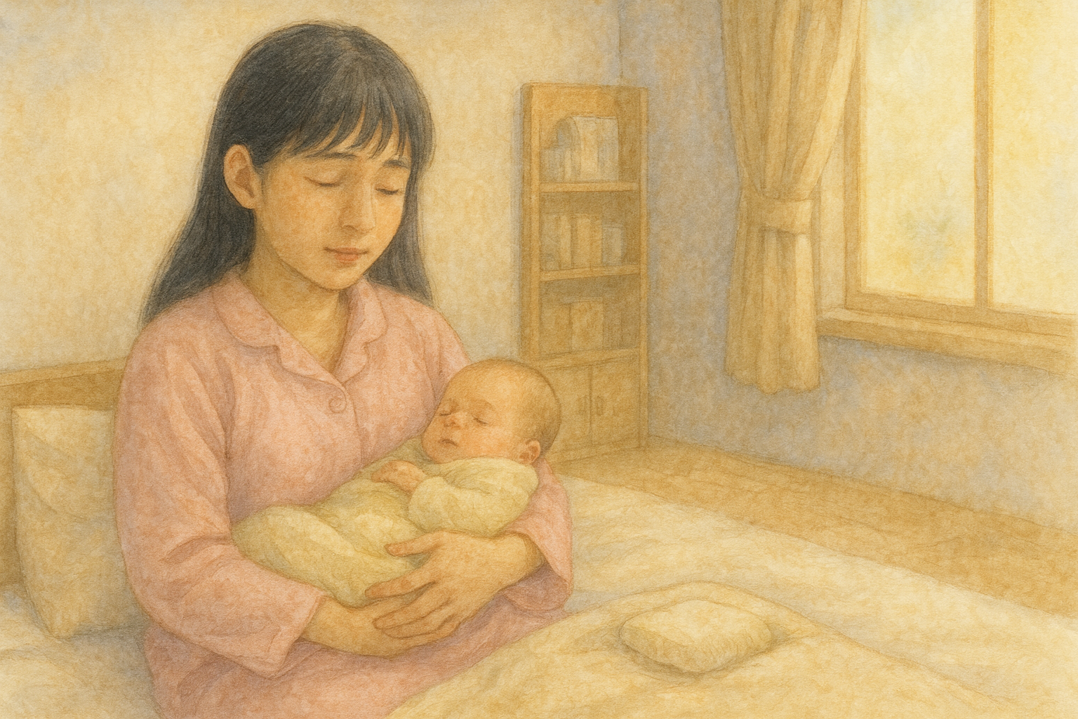 産後ケア施設の個室 黒髪ロングで前髪ありの全盲ママ 薄いピンクの寝間着で赤ちゃんを抱く