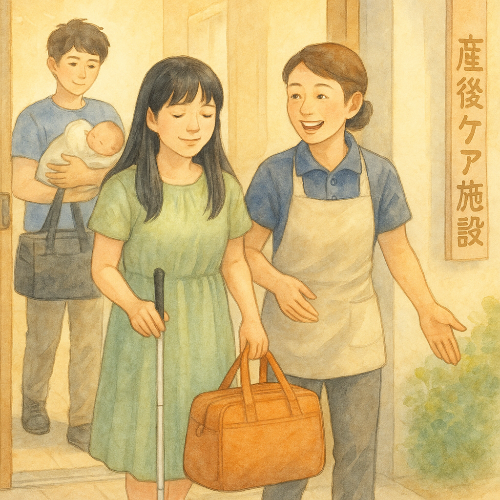 退院した全盲の母が助産師と一緒に荷物を持って産後ケア施設に入る
