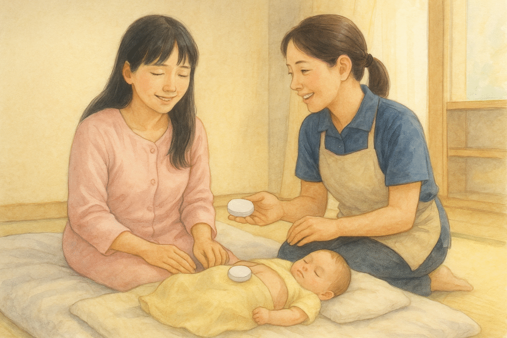 ベッドの上で全盲の母が赤ちゃんのおむつ替えをする 赤ちゃんのへその下に小さなセンサー