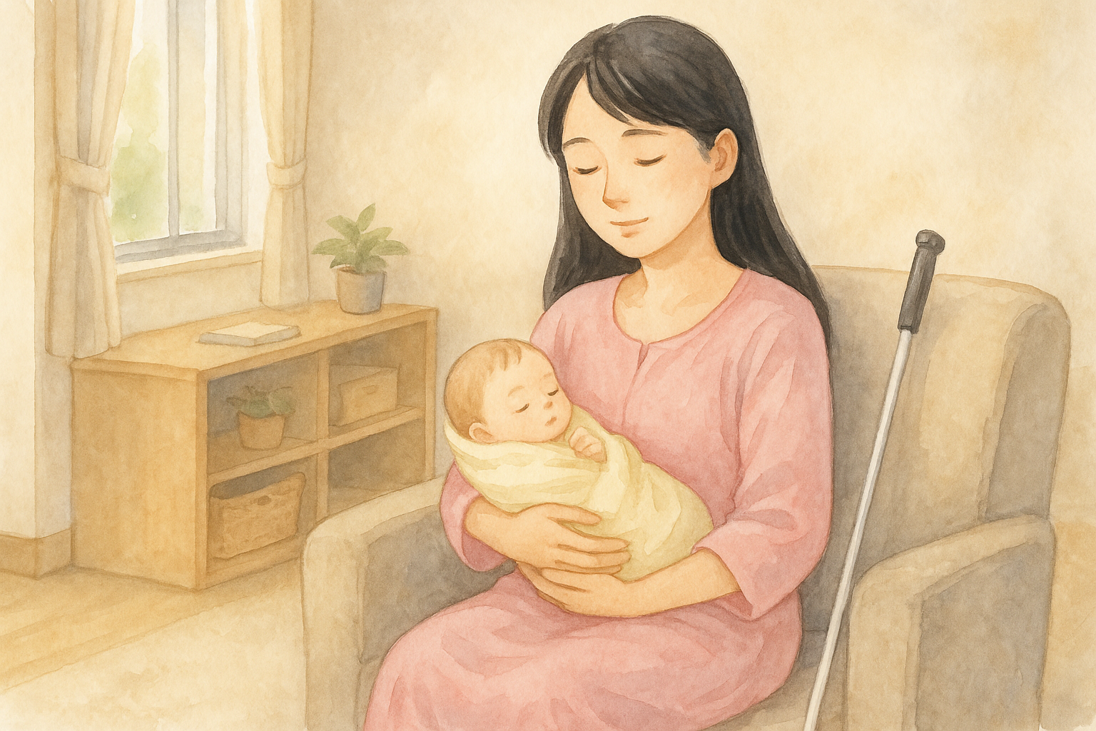 柔らかな朝の光が差し込むリビングで、赤ちゃんを抱く全盲の母。新生児との穏やかな朝のひととき