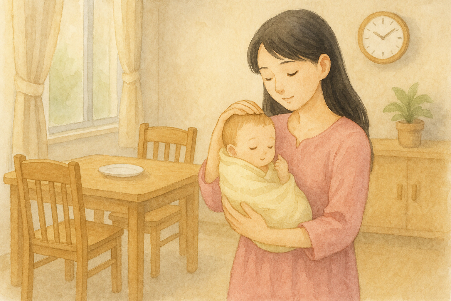 出産後、自宅の明るいリビングで赤ちゃんを抱く全盲の母。