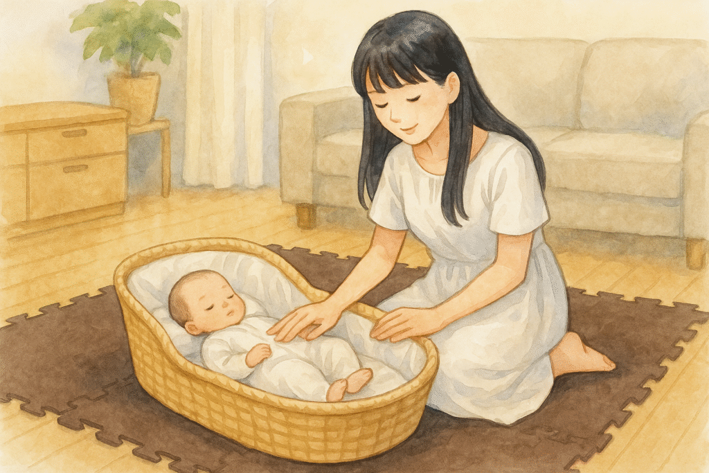 濃いブラウンのジョイントマットが敷かれたリビングで、母がクーファンの中にいる赤ちゃんのそばに座り触っている