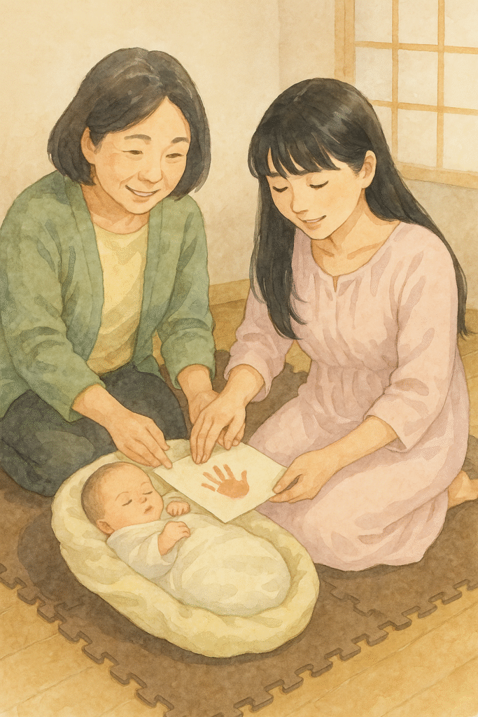 赤ちゃんはおくるみに包まれていて、祖母と母が手形を優しく取っている