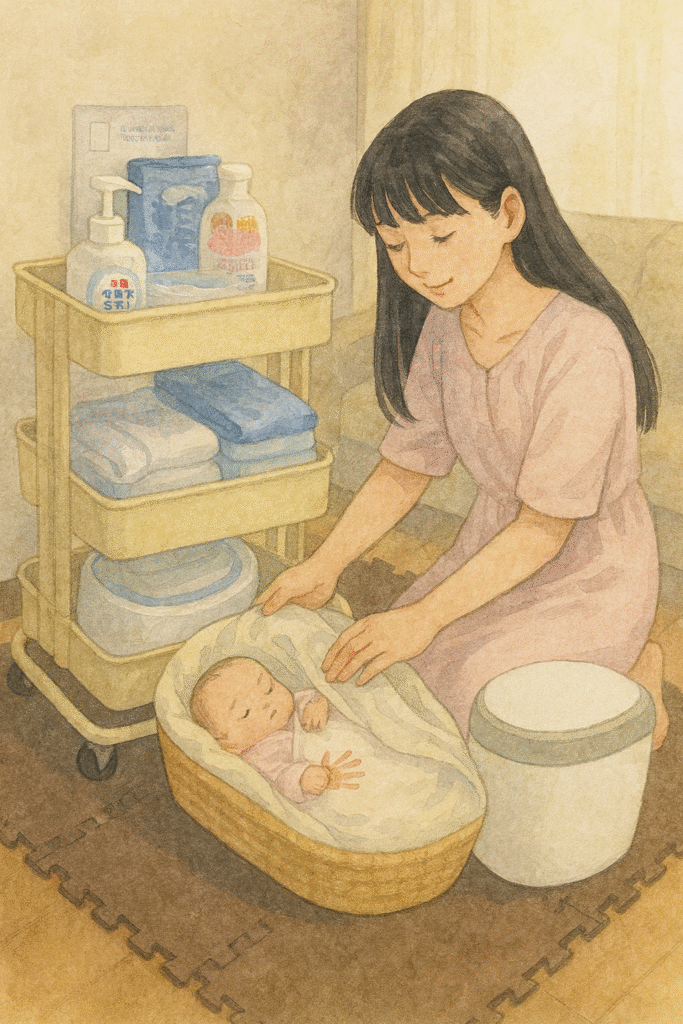 ラックに育児用品が整然と並ぶ室内。ガーゼやスリーパー、体温計などが見える。母が手で位置を確認しながら取り出している。