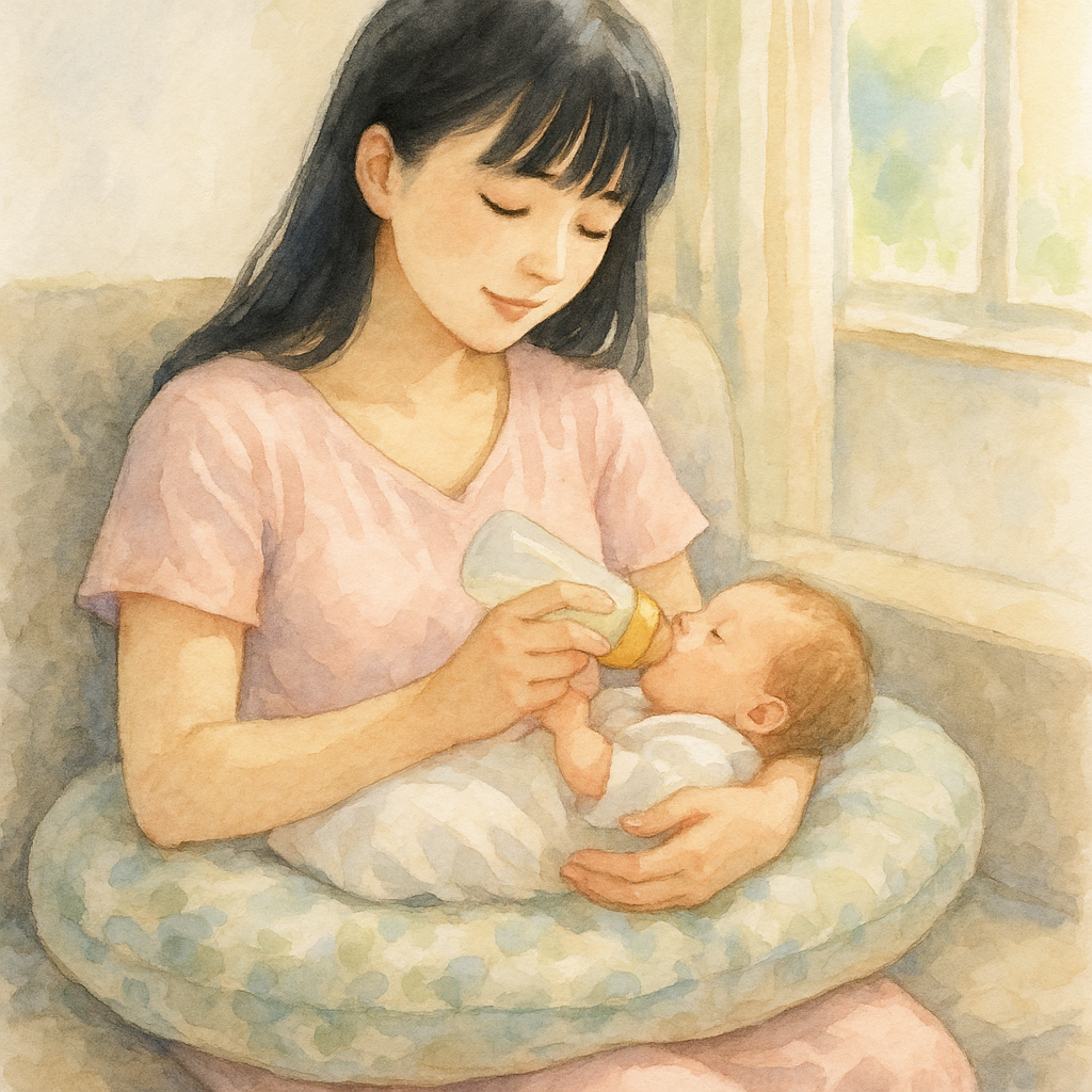 リビングで赤ちゃんを抱き哺乳瓶で授乳する全盲の母。薄いピンクの授乳服、授乳クッションを使って、明るいリビング。