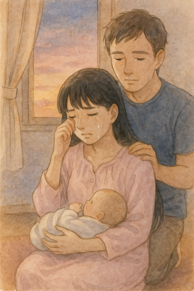 夕暮れの部屋で赤ちゃんを抱きながら涙をこらえる全盲の母。黒髪ロングで前髪あり、淡いピンクの寝間着姿。背後にそっと寄り添うパートナー。水彩風でやさしい色調。