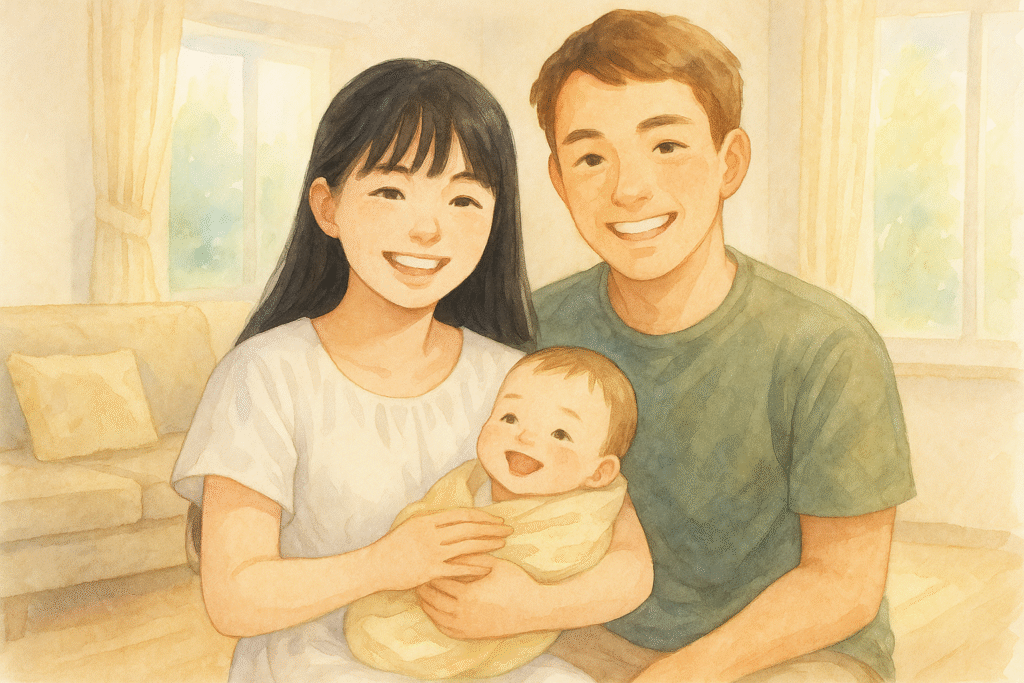 全盲の母がパートナーと並び、赤ちゃんを抱いて微笑む。母は白いワンピース姿で、やさしい光が差し込むリビング。水彩風で温かな雰囲気。