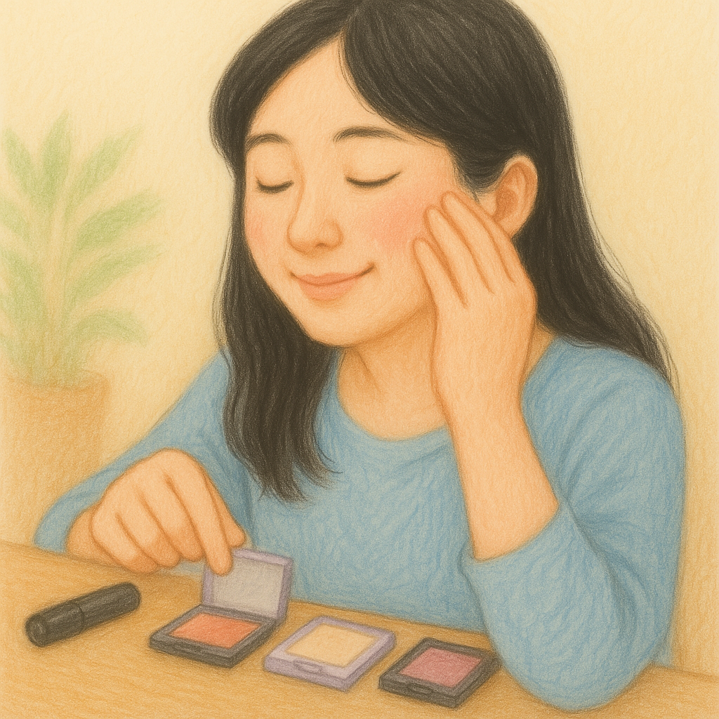 机に並べたコスメを指で触って選びながら、頬にチークをなじませる女性のパステル調イラスト