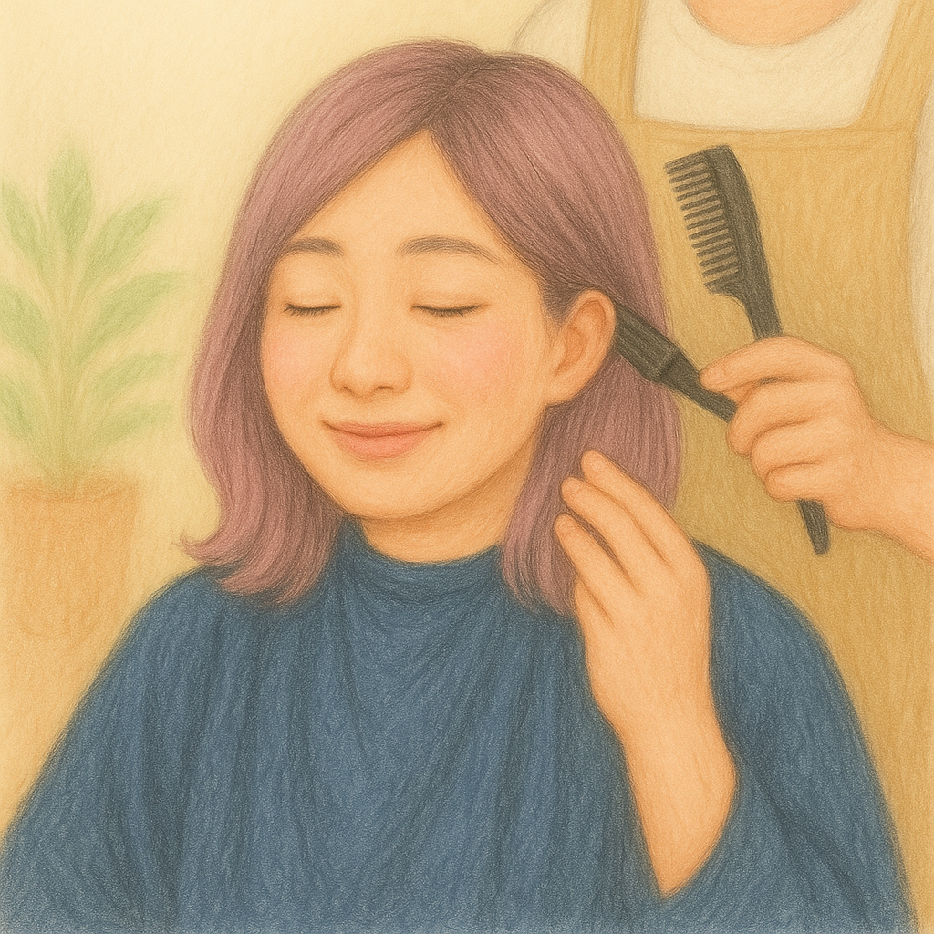 今回は思い切って 赤みのある明るめカラーに挑戦、微笑む女性のパステル調イラスト