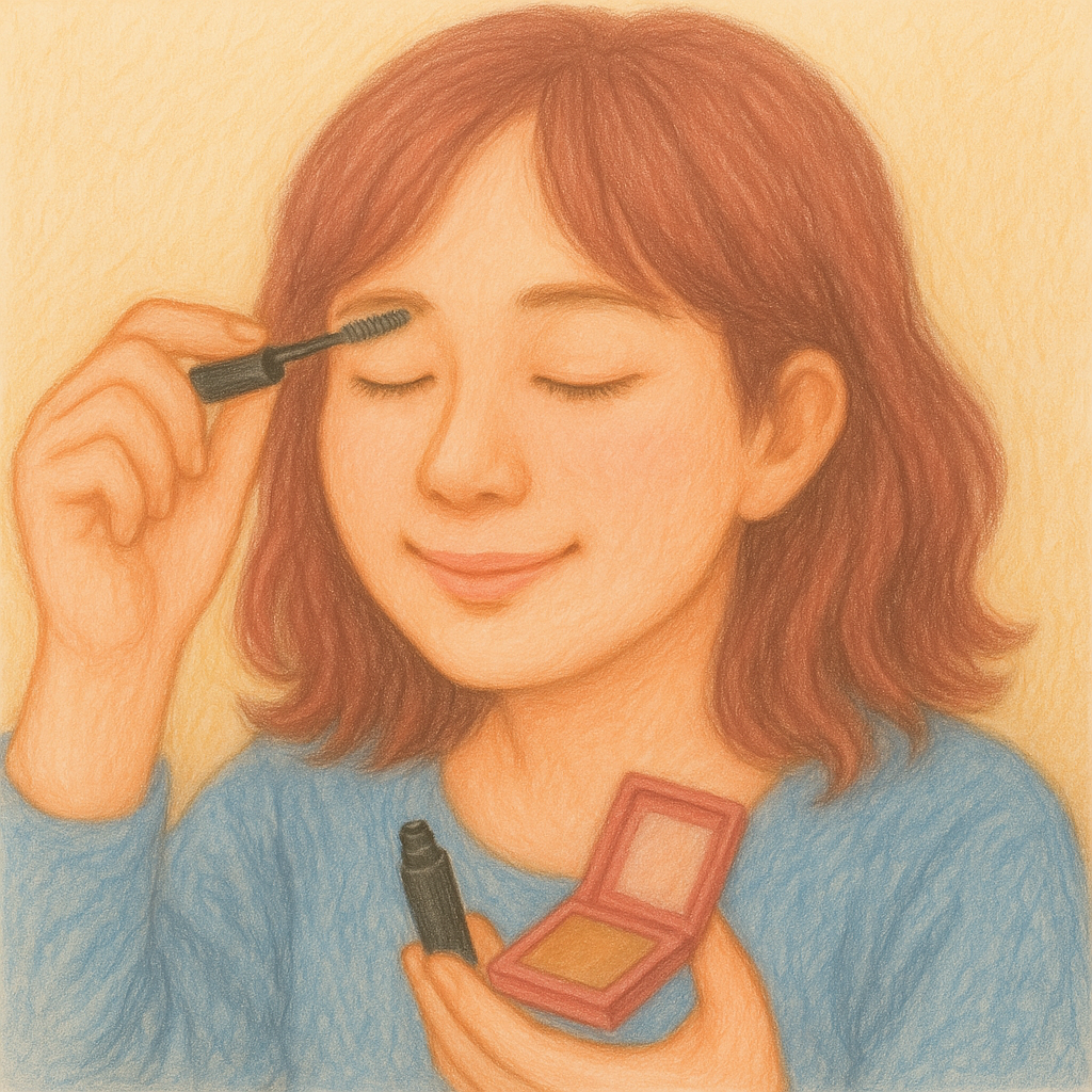 アイブロウマスカラを塗りながら微笑む女性のパステル調イラスト
