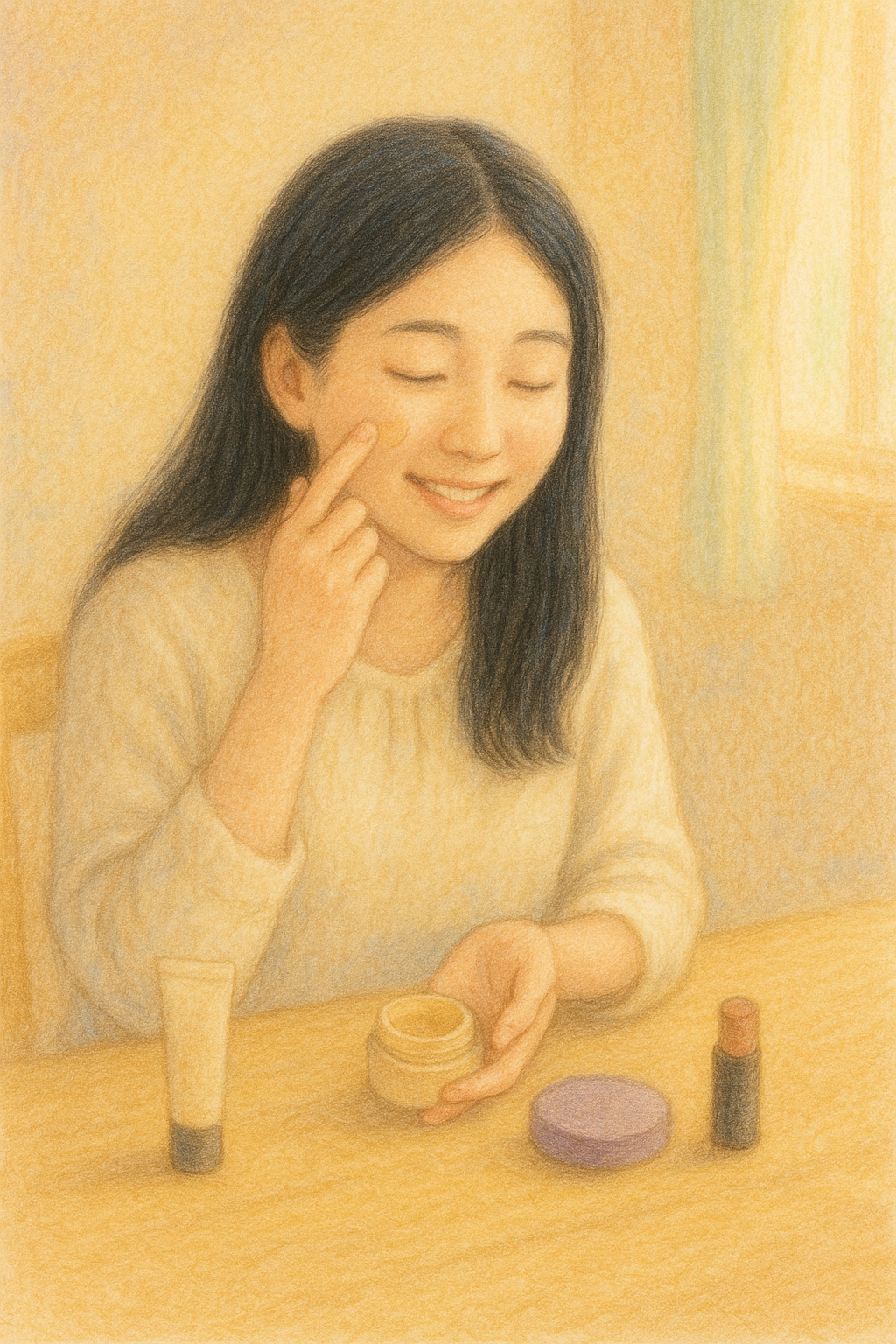 リビングテーブルの前でメイクを始める全盲ママのパステル画イラスト