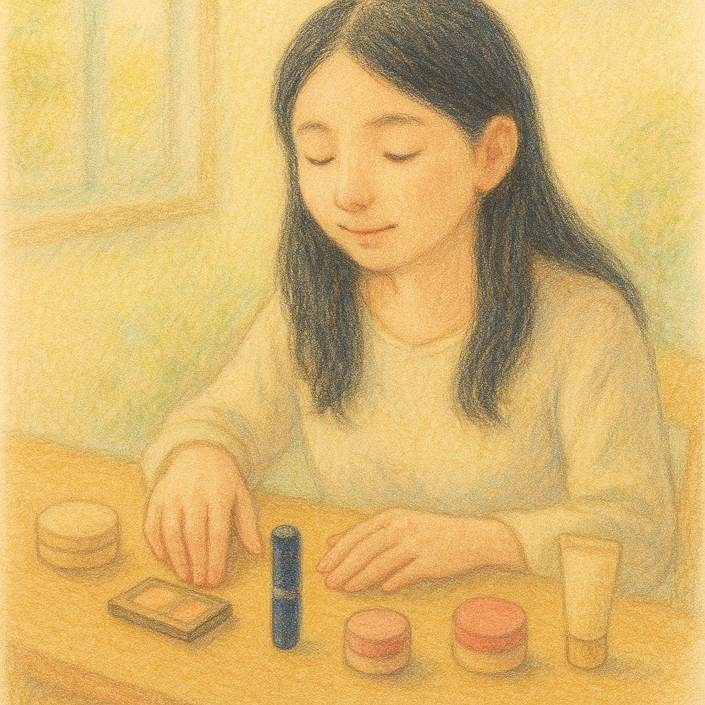 リビングテーブルにコスメを並べ、指で形を確かめる全盲ママのパステル画イラスト